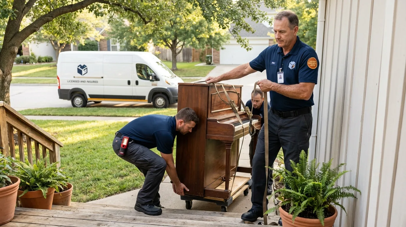 Licensed piano movers securing grand piano in Arthur, NE