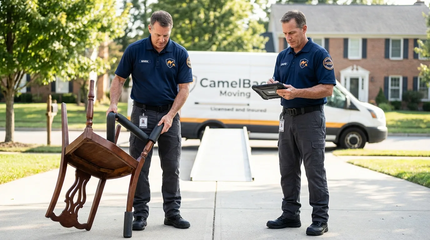 Movers inspecting furniture for damage prevention before loading in Arthur, NE
