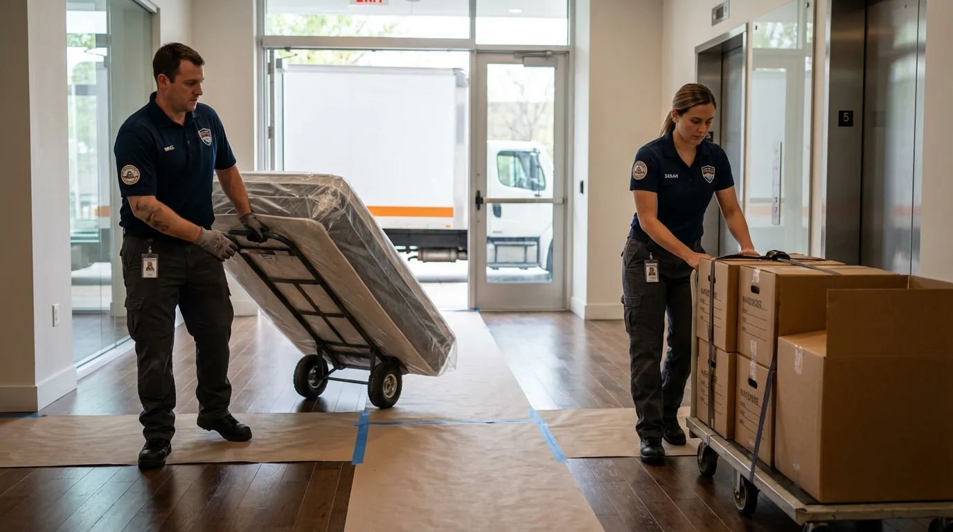 Professional apartment movers loading elevator in Arthur, NE